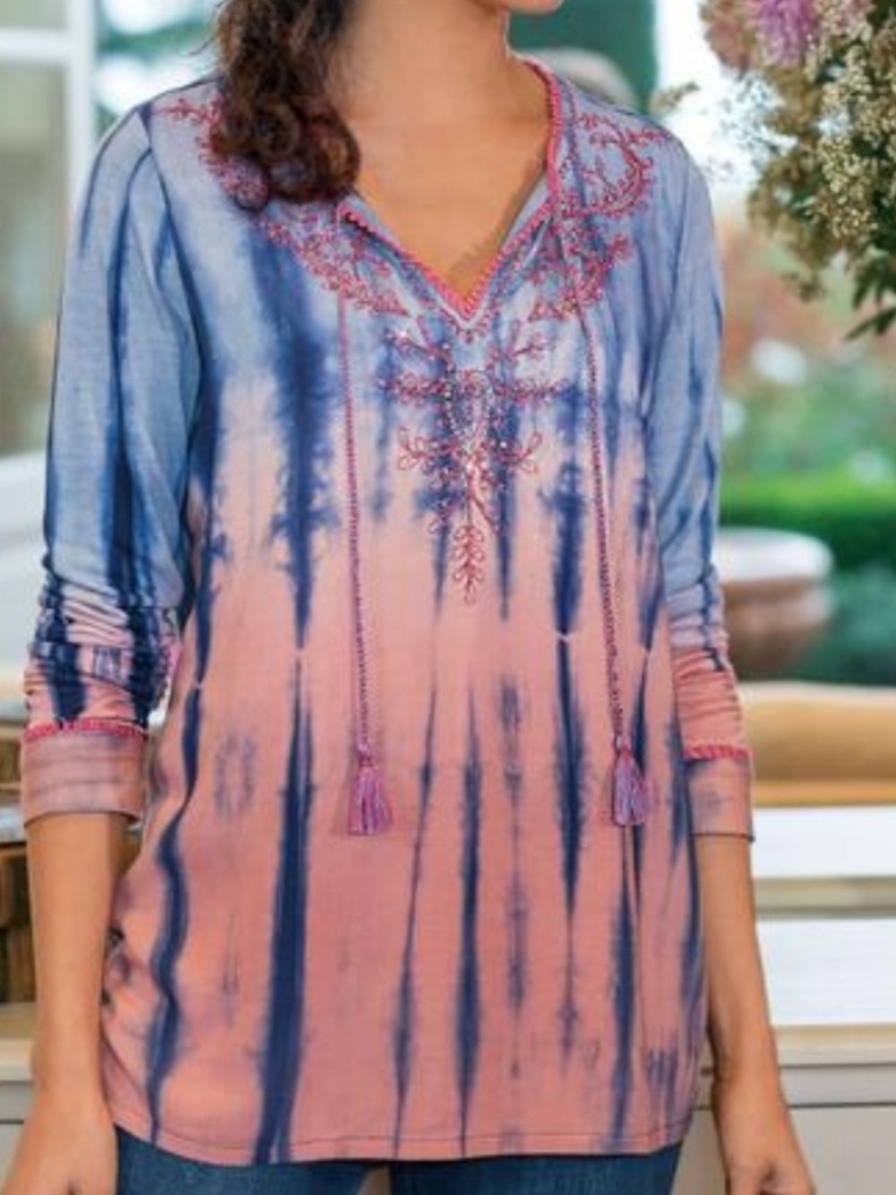 SOFT SURROUNDINGS Medina Tie-Dye Sequins Tassel Top Size Small